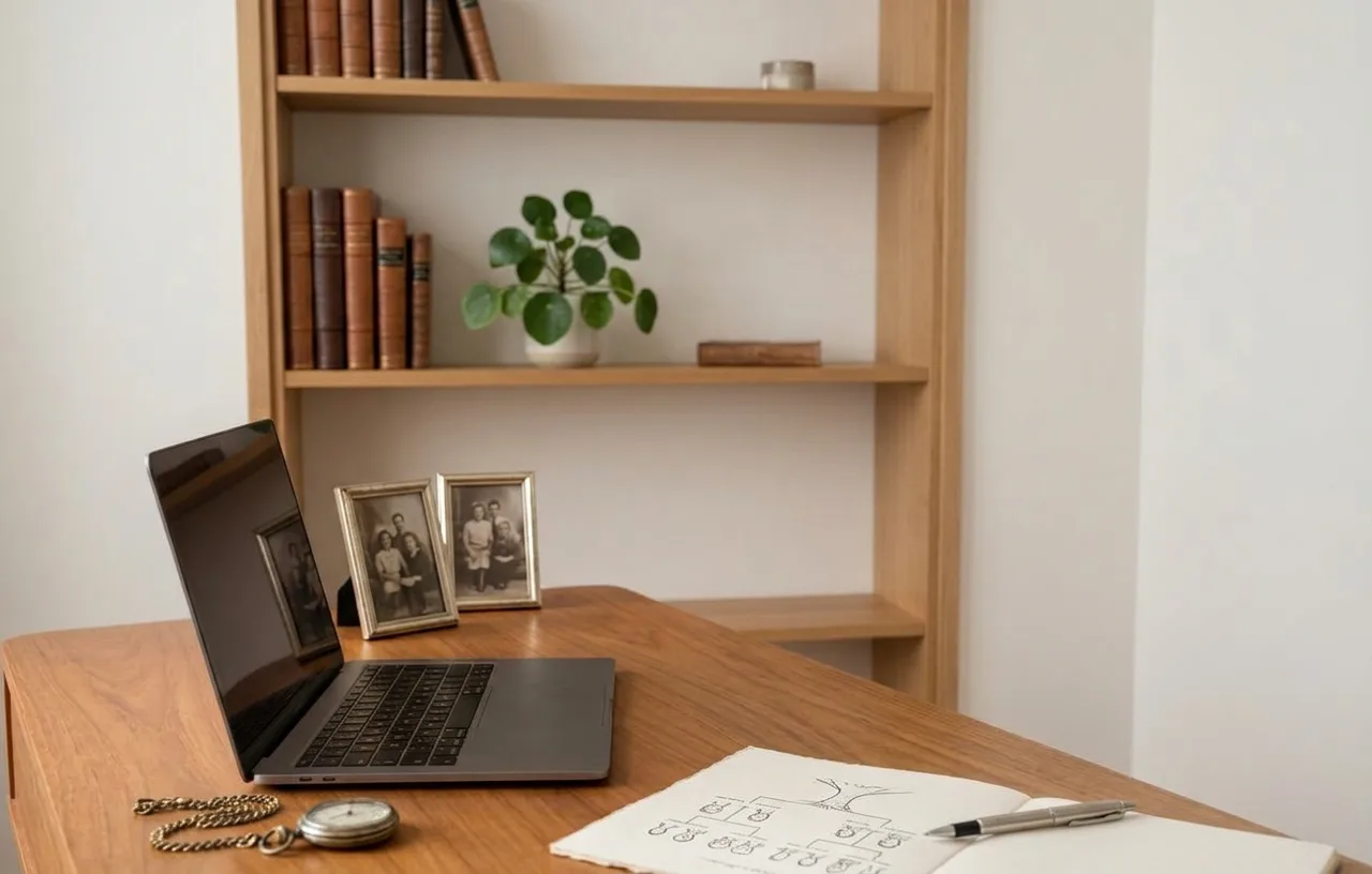 Bureau en bois avec un ordinateur portable, des photos de famille anciennes et un arbre généalogique dessiné dans un carnet