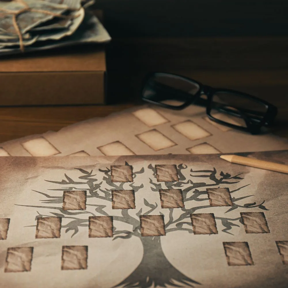Génogramme en forme d’arbre, avec une case pour chaque membre de la famille, posé sur un bureau
