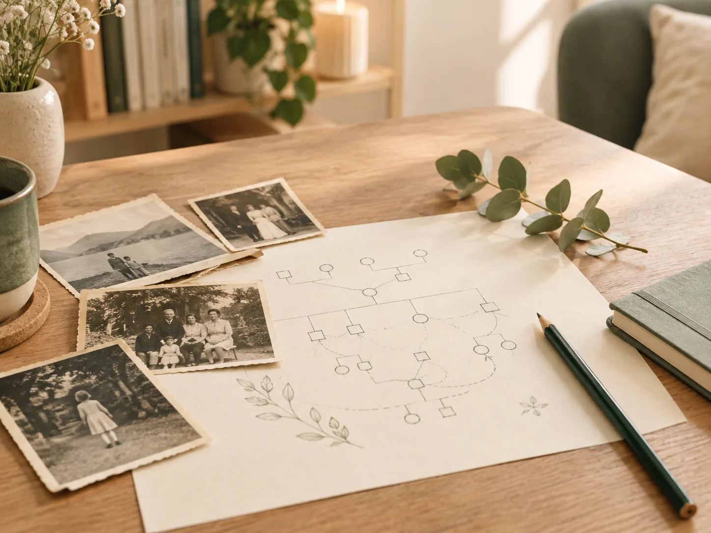Génosociogramme dessiné au crayon sur une table en bois, entouré d'anciennes photos de famille en noir et blanc