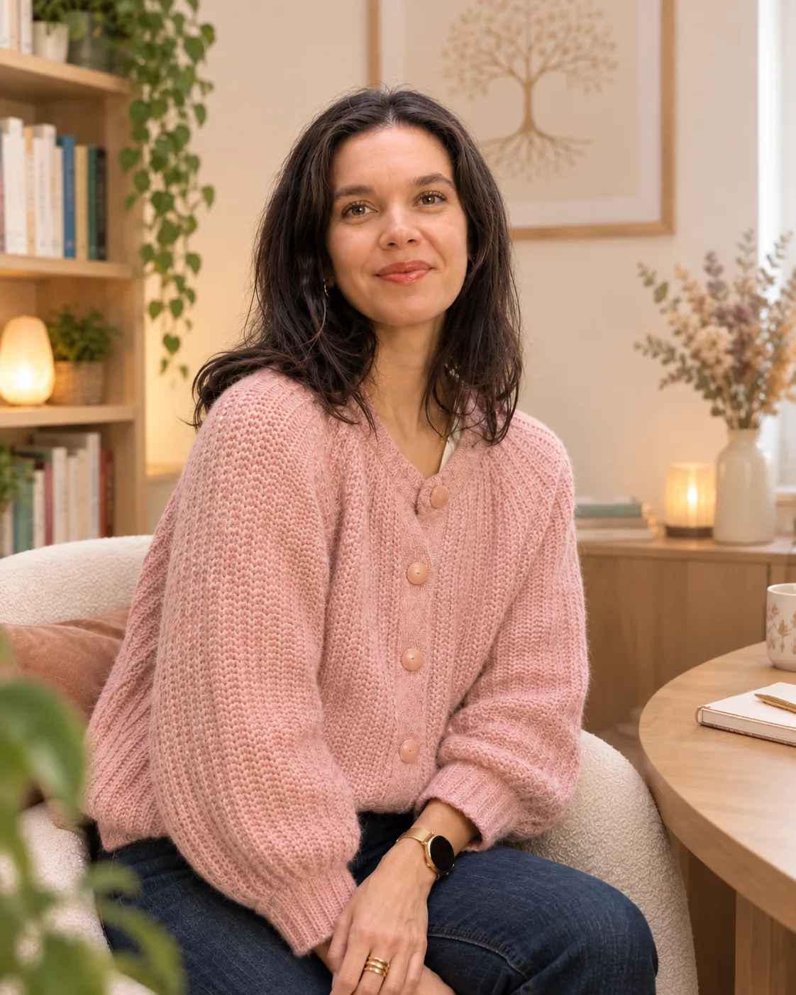 Portrait de Mélissa Tellaa, thérapeute en psychogénéalogie et analyse transgénérationnelle, dans son cabinet
