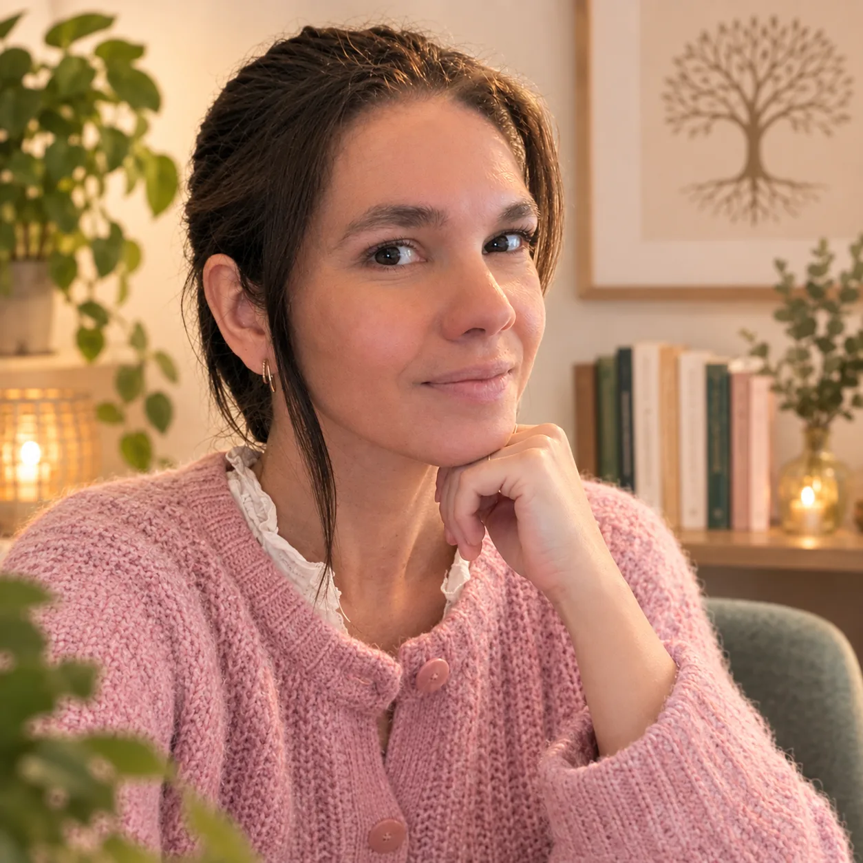 Mélissa Tellaa, thérapeute en analyse transgénérationnelle, souriante, la main sous le menton, dans son cabinet