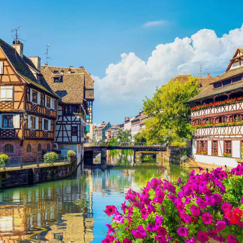 Strasbourg, les maisons à colombages de la Petite France au bord de l’Ill, avec des fleurs au premier plan